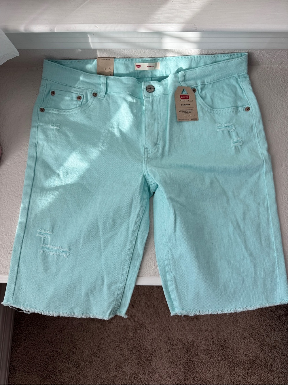 Levi's Aqua Mint Denim Shorts with Frayed Details